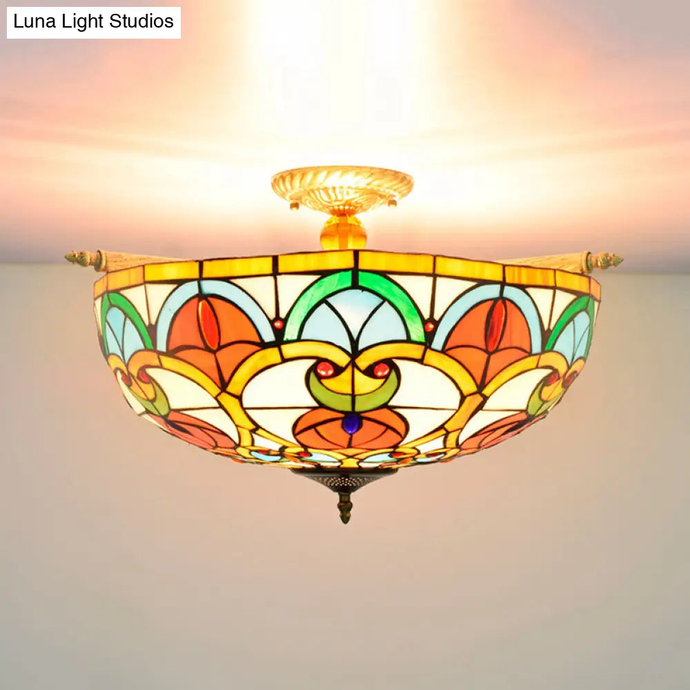 Baroque 5-Bulb Multicolored Stained Glass Ceiling Lamp - 21.5/25.5 W Brass Jewel Semi Flush Mount