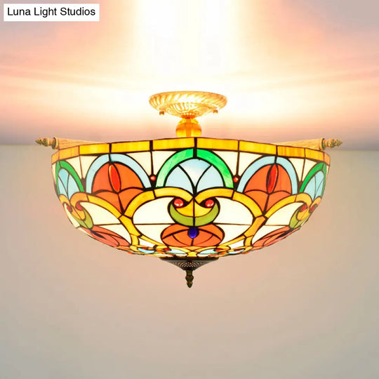 Baroque 5-Bulb Multicolored Stained Glass Ceiling Lamp - 21.5/25.5 W Brass Jewel Semi Flush Mount