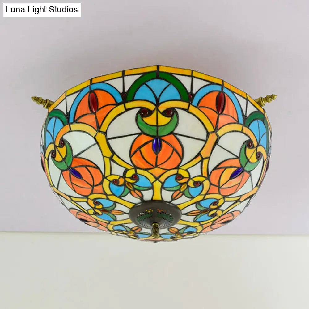 Baroque 5-Bulb Multicolored Stained Glass Ceiling Lamp - 21.5/25.5 W Brass Jewel Semi Flush Mount