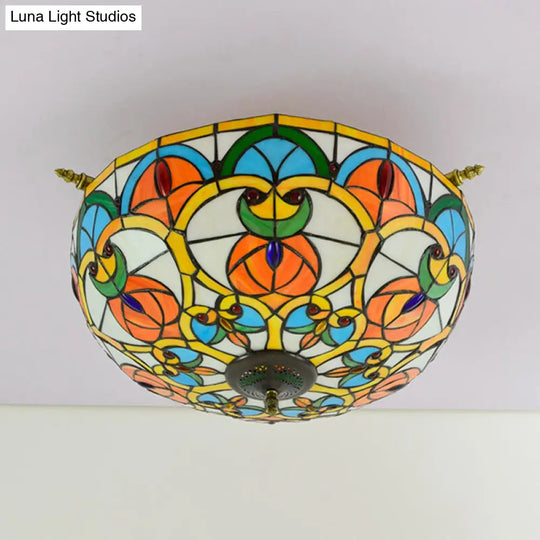 Baroque 5-Bulb Multicolored Stained Glass Ceiling Lamp - 21.5/25.5 W Brass Jewel Semi Flush Mount