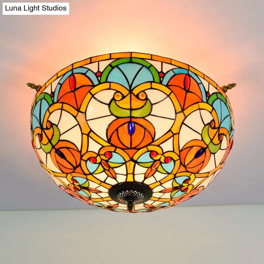 Baroque 5-Bulb Multicolored Stained Glass Ceiling Lamp - 21.5/25.5 W Brass Jewel Semi Flush Mount