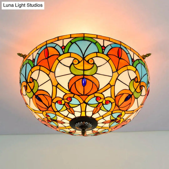 Baroque 5-Bulb Multicolored Stained Glass Ceiling Lamp - 21.5/25.5 W Brass Jewel Semi Flush Mount