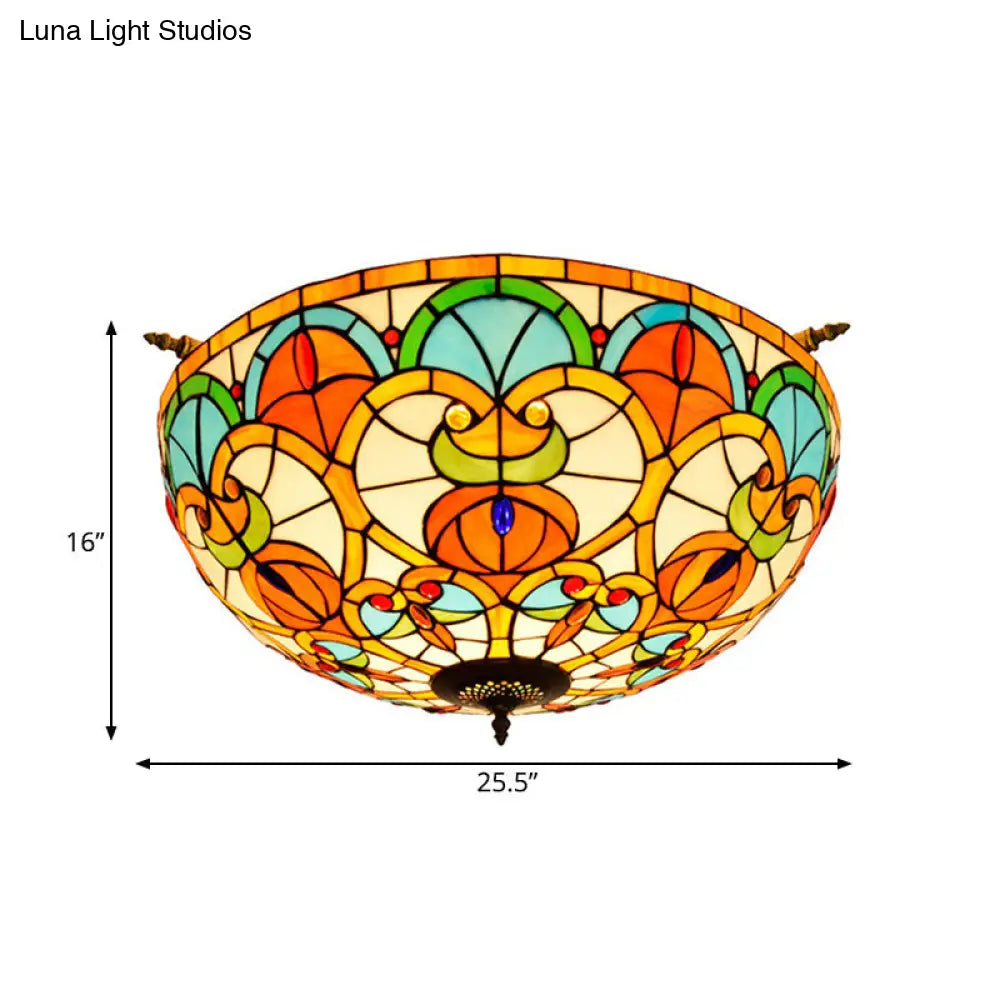 Baroque 5-Bulb Multicolored Stained Glass Ceiling Lamp - 21.5/25.5 W Brass Jewel Semi Flush Mount