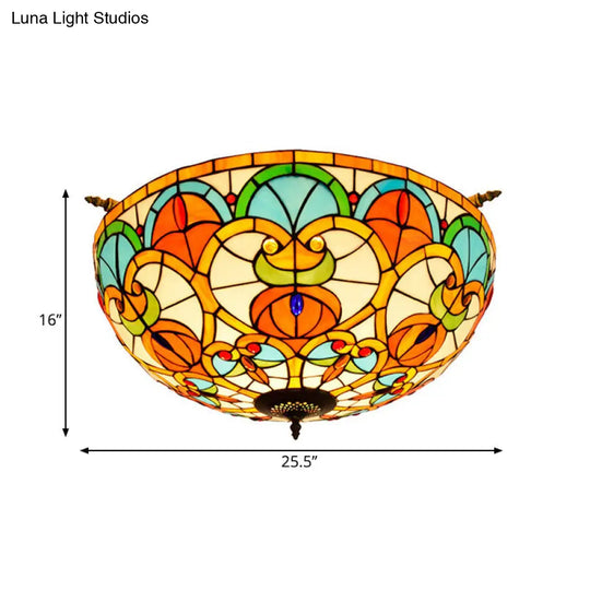 Baroque 5-Bulb Multicolored Stained Glass Ceiling Lamp - 21.5/25.5 W Brass Jewel Semi Flush Mount