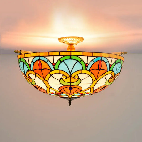 Baroque Brass Jewel Ceiling Lamp - 5 Multicolored Stained Glass Bulbs (21.5’/25.5’) Semi Flush
