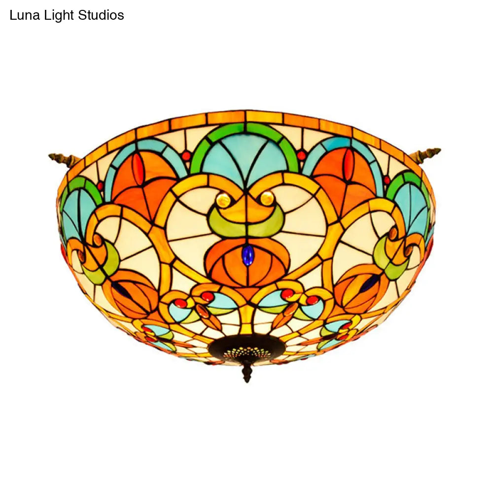 Baroque Brass Jewel Ceiling Lamp - 5 Multicolored Stained Glass Bulbs (21.5’/25.5’) Semi Flush