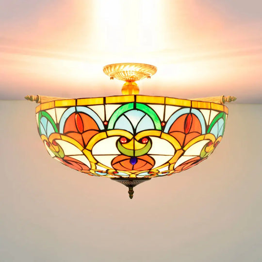 Baroque Brass Jewel Ceiling Lamp - 5 Multicolored Stained Glass Bulbs (21.5’/25.5’) Semi Flush