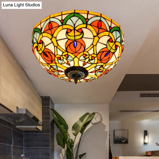 Baroque Bronze Stained Glass Dome Ceiling Lamp 3-Light Flush Mount For Kitchen