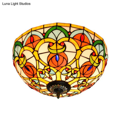 Baroque Bronze Stained Glass Dome Ceiling Lamp – 3-Light Flush Mount For Kitchen