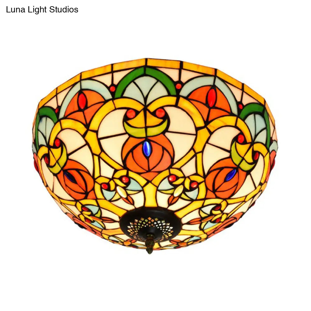 Baroque Bronze Stained Glass Dome Ceiling Lamp 3-Light Flush Mount For Kitchen