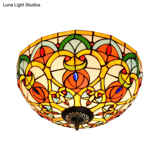 Baroque Bronze Stained Glass Dome Ceiling Lamp 3-Light Flush Mount For Kitchen