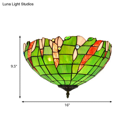 Baroque Cut Glass Domed Flush Mount Lighting Fixture With 3 Green Lights For Corridor