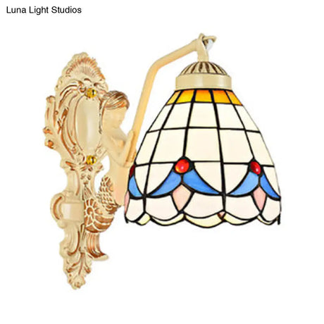 Baroque Dome/Cone Beige Glass Wall Sconce - Elegant Leaf/Gem/Flower Pattern 1-Light Mount Light