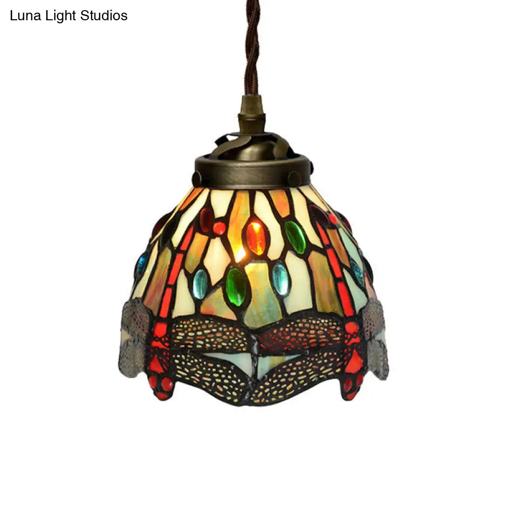Baroque Dragonfly/Flower Stained Glass Pendant: Red/Green Kitchen Lighting Fixture