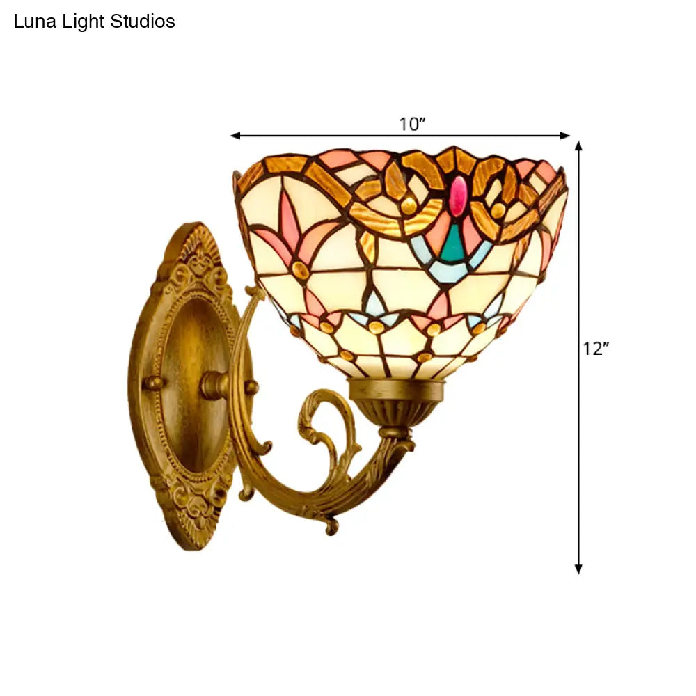 Baroque Gold Domed Wall Mount Lamp: 1-Head Stained Glass Sconce With Swirled Arm
