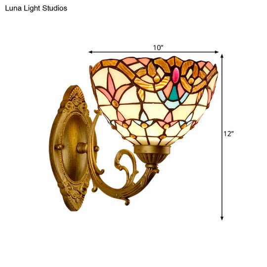 Baroque Gold Domed Wall Mount Lamp: 1-Head Stained Glass Sconce With Swirled Arm