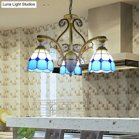 19/19.5 Orange/Blue Cut Glass Pendant Chandelier Dome - Baroque Grid Patterned Ceiling Lamp Sky Blue