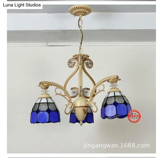 19/19.5 Orange/Blue Cut Glass Pendant Chandelier Dome - Baroque Grid Patterned Ceiling Lamp Dark