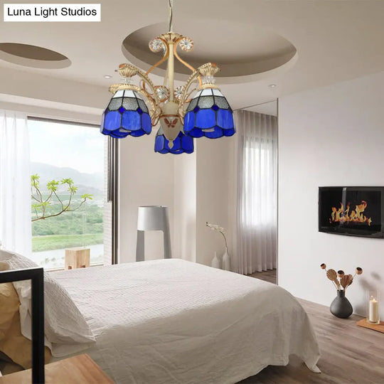 Baroque Grid Cut Glass Pendant Chandelier - 3/5 Lights In Orange/Blue Curved Arm 19’/19.5
