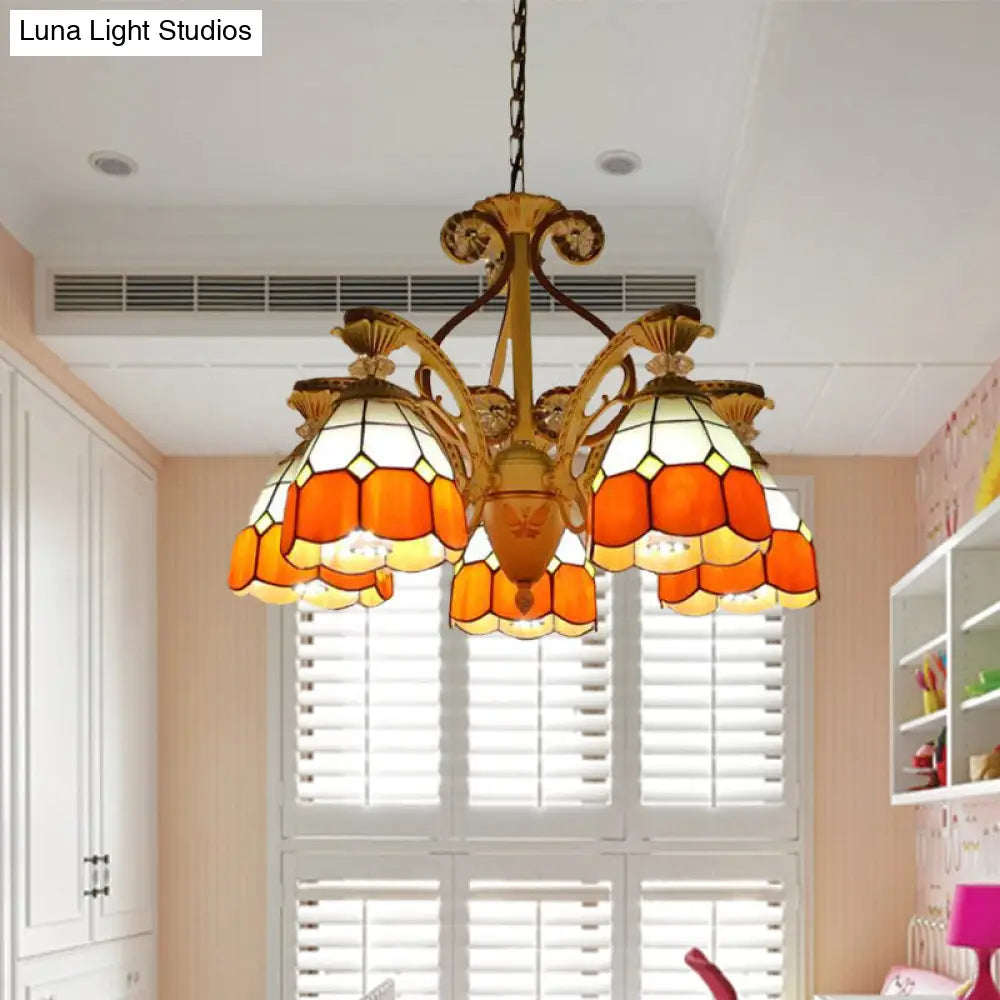 19/19.5 Orange/Blue Cut Glass Pendant Chandelier Dome - Baroque Grid Patterned Ceiling Lamp Orange /