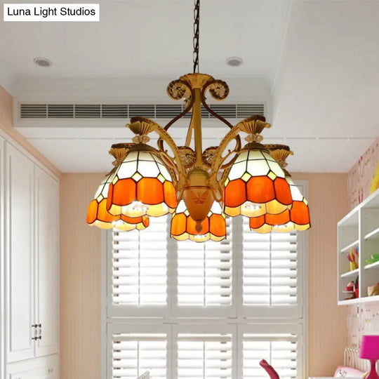 19/19.5 Orange/Blue Cut Glass Pendant Chandelier Dome - Baroque Grid Patterned Ceiling Lamp Orange /