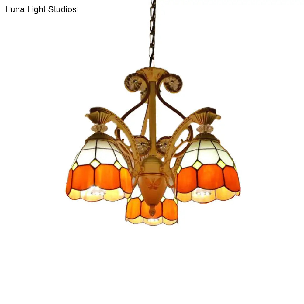 Baroque Grid Cut Glass Pendant Chandelier - 3/5 Lights In Orange/Blue Curved Arm 19’/19.5
