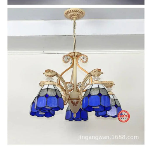 Baroque Grid Cut Glass Pendant Chandelier - 3/5 Lights In Orange/Blue Curved Arm 19’/19.5 Dark