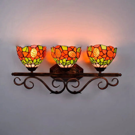 Baroque Orange Stained Glass Sconce Light With Sunflower Pattern - 3-Head Bowl Wall Fixture