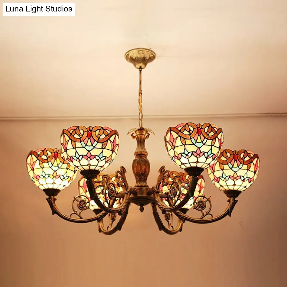 Baroque Peacock Tail Chandelier With 6 Vintage Stained Glass Pendants In Antique Bronze