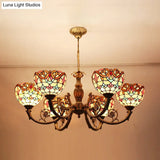 Baroque Peacock Tail Chandelier With 6 Vintage Stained Glass Pendants In Antique Bronze