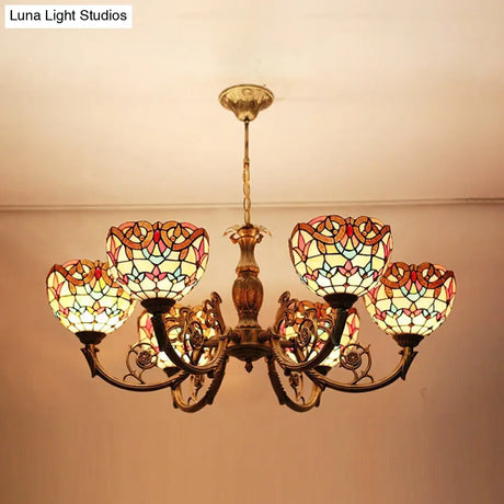 Baroque Peacock Tail Chandelier With 6 Vintage Stained Glass Pendants In Antique Bronze
