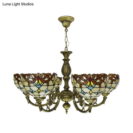 Baroque Peacock Tail Chandelier With 6 Vintage Stained Glass Pendants In Antique Bronze