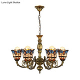 Baroque Peacock Tail Chandelier With 6 Vintage Stained Glass Pendants In Antique Bronze