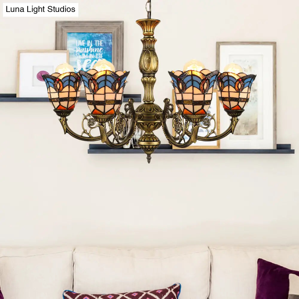 Baroque Peacock Tail Chandelier With 6 Vintage Stained Glass Pendants In Antique Bronze
