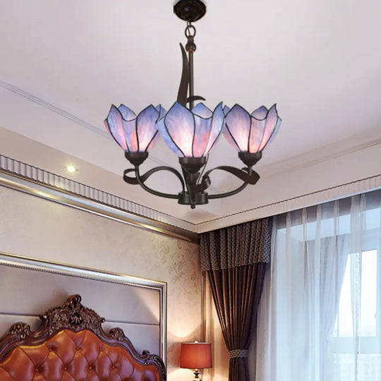 Baroque Pink/Purple Floral Chandelier Pendant - Bronze 3/5 Lights Kitchen Lamp 3 / Purple