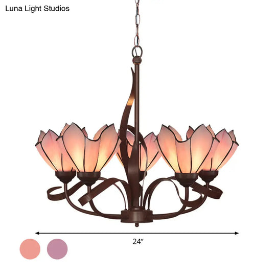 Baroque Pink/Purple Floral Chandelier Pendant - Bronze 3/5 Lights Kitchen Lamp