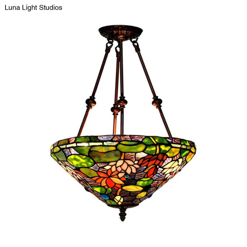 Baroque Red/Yellow/Blue Cut Glass Petal Semi Flush Mount Light: 2-Light Bronze Ceiling Fixture For