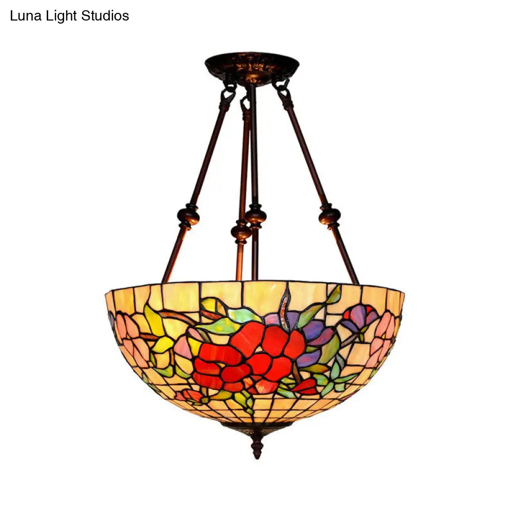 Baroque Red/Yellow/Blue Cut Glass Petal Semi Flush Mount Light: 2-Light Bronze Ceiling Fixture For