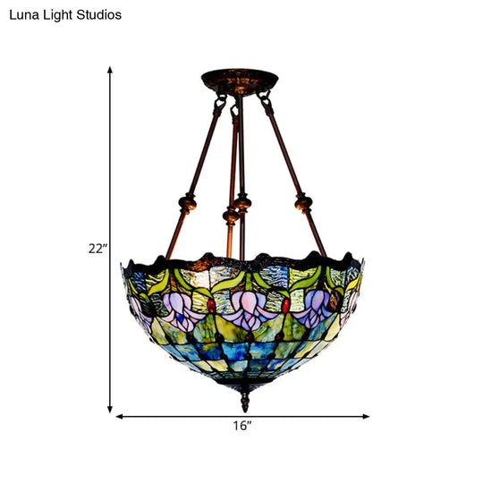 Baroque Red/Yellow/Blue Cut Glass Petal Semi Flush Mount Light: 2-Light Bronze Ceiling Fixture For