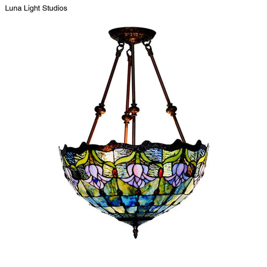 Baroque Red/Yellow/Blue Cut Glass Petal Semi Flush Mount Light: 2-Light Bronze Ceiling Fixture For