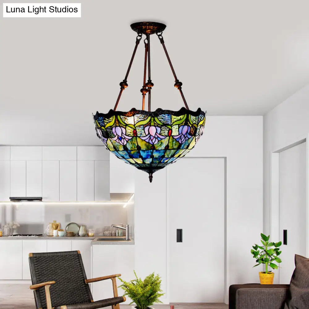 Baroque Red/Yellow/Blue Cut Glass Petal Semi Flush Mount Light: 2-Light Bronze Ceiling Fixture For