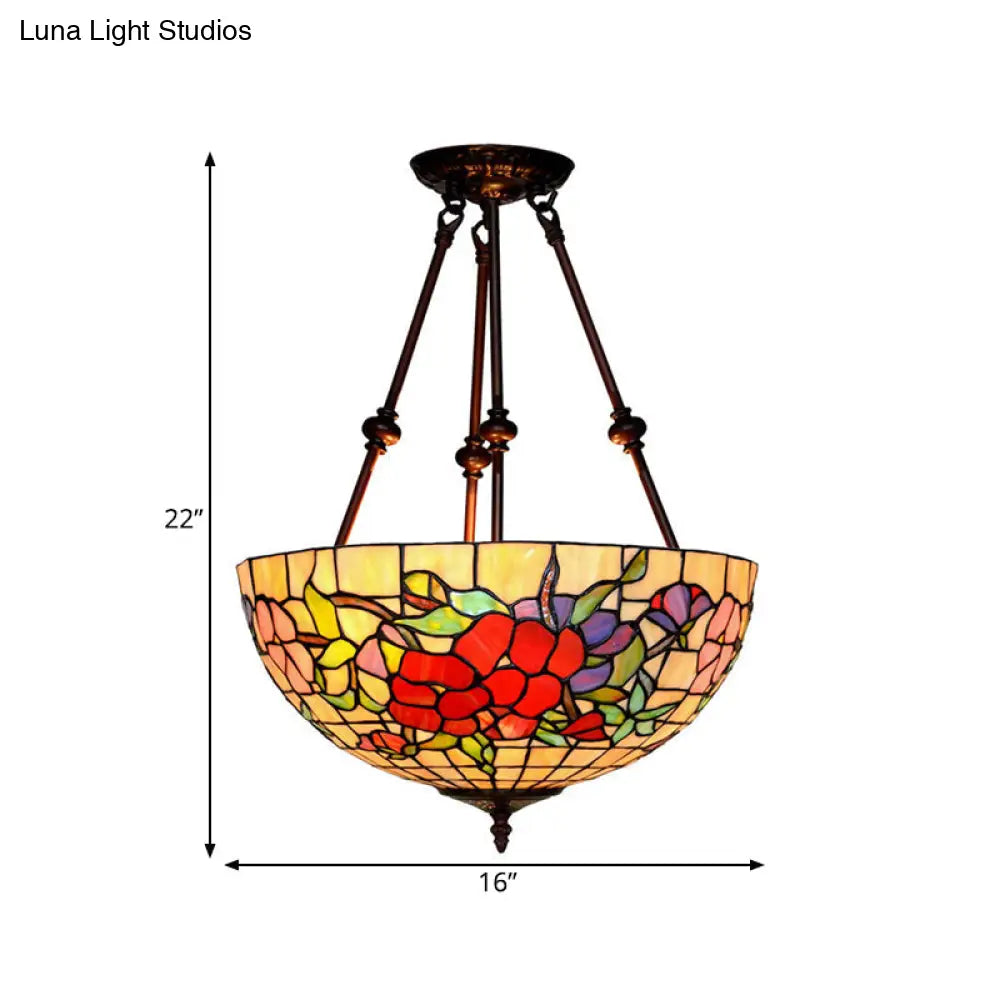 Baroque Red/Yellow/Blue Cut Glass Petal Semi Flush Mount Light: 2-Light Bronze Ceiling Fixture For