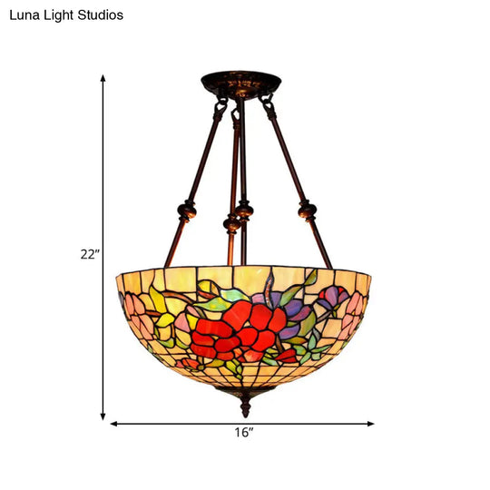 Baroque Red/Yellow/Blue Cut Glass Petal Semi Flush Mount Light: 2-Light Bronze Ceiling Fixture For