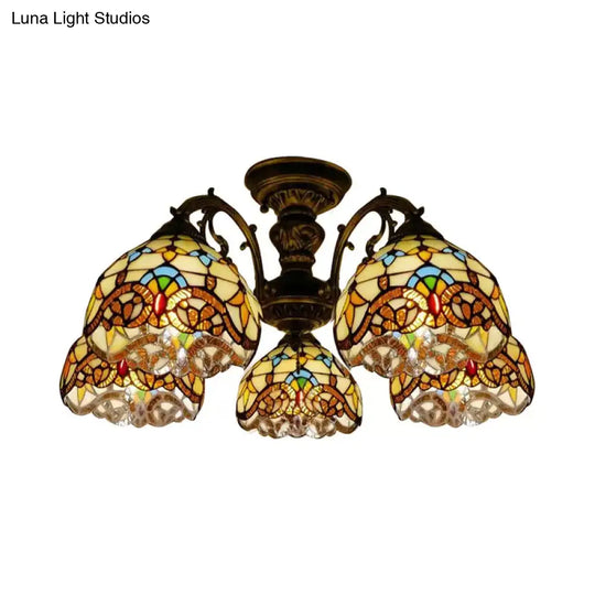 Baroque Semi Flush Ceiling Light In Aged Brass With Stained Glass Dome Shade