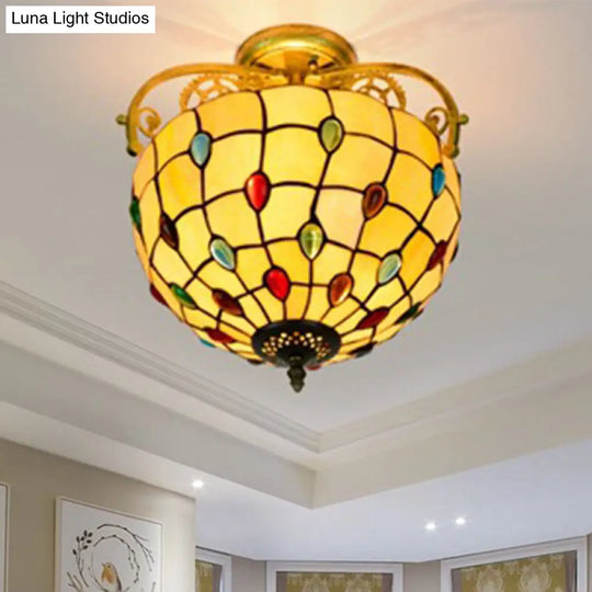 Baroque Semi Flush Mount Ceiling Light With Grid Pattern Cut Glass - 2 Lights In Yellow/Orange/Blue
