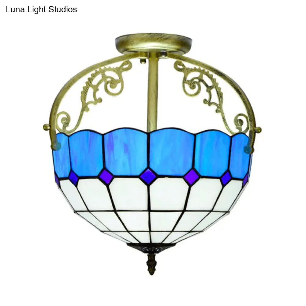 Baroque Semi Flush Mount Ceiling Light With Grid Pattern Cut Glass - 2 Lights In Yellow/Orange/Blue