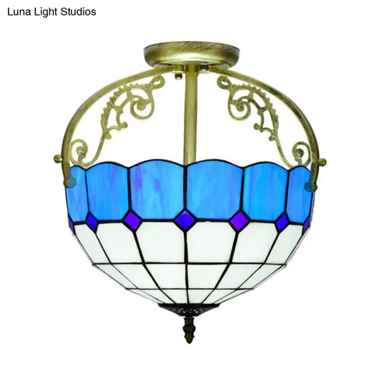 Baroque Semi Flush Mount Ceiling Light With Grid Pattern Cut Glass - 2 Lights In Yellow/Orange/Blue