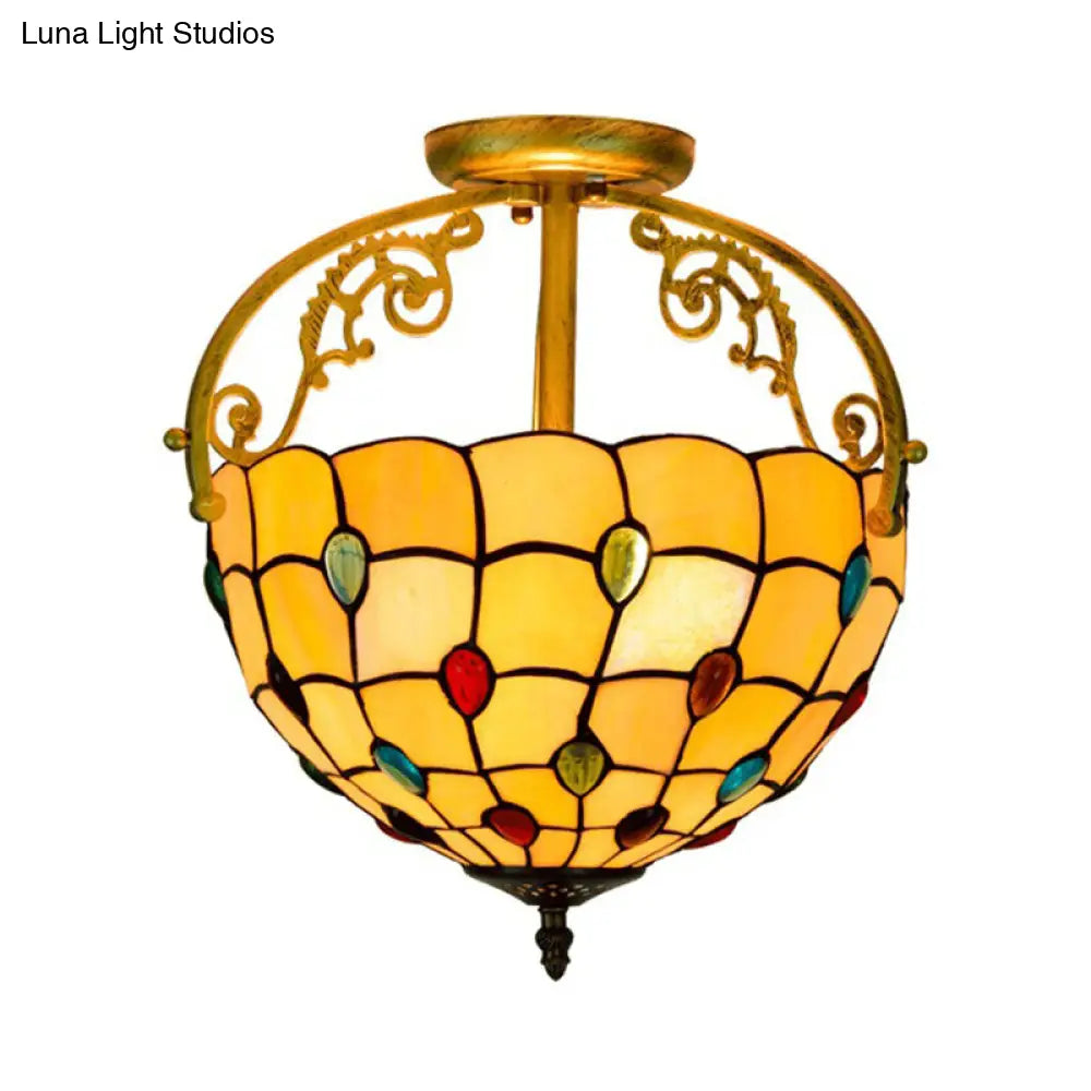 Baroque Semi Flush Mount Ceiling Light With Grid Pattern Cut Glass - 2 Lights In Yellow/Orange/Blue