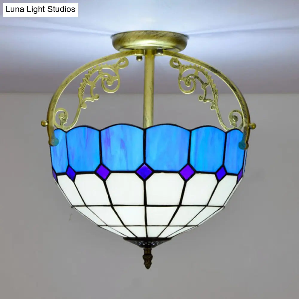 Baroque Semi Flush Mount Ceiling Light With Grid Pattern Cut Glass - 2 Lights In Yellow/Orange/Blue