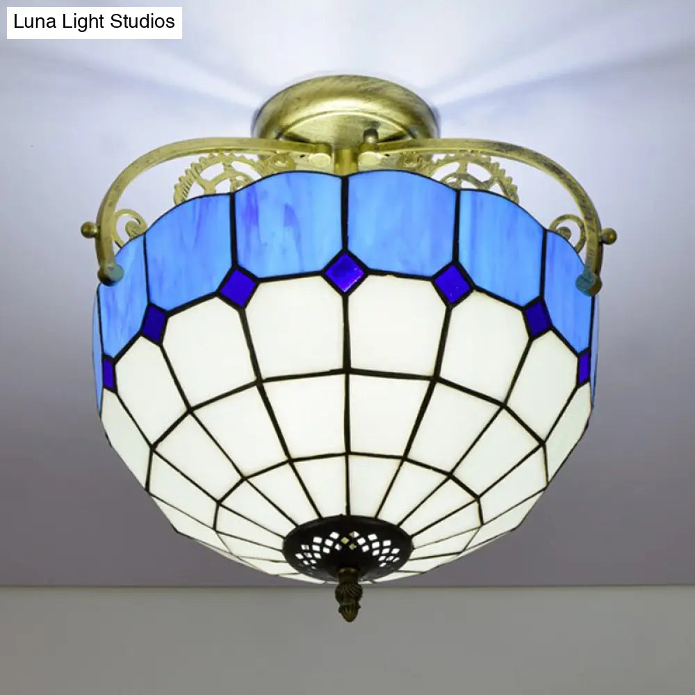 Baroque Semi Flush Mount Ceiling Light With Grid Pattern Cut Glass - 2 Lights In Yellow/Orange/Blue